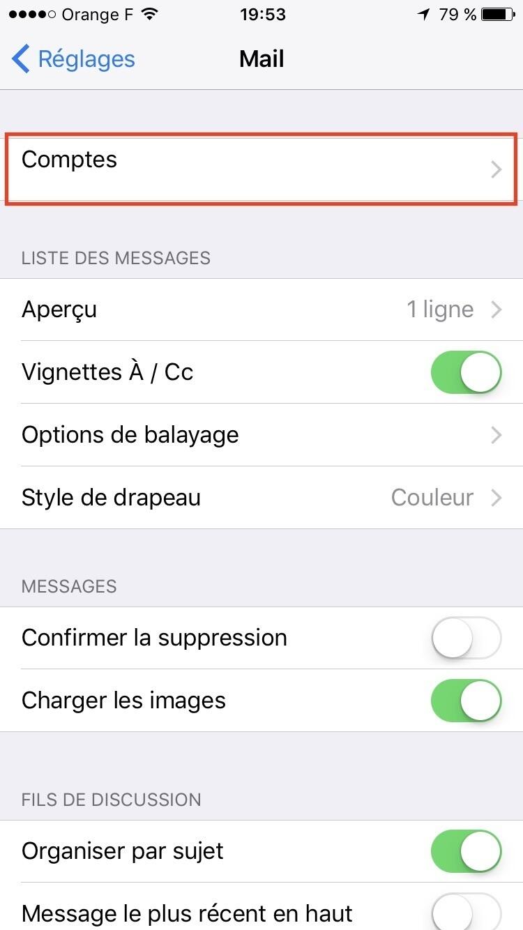 Etape 2 : Menu Comptes sur iPhone